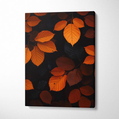 Canvas wall art featuring vibrant orange autumn leaves on a dark background.