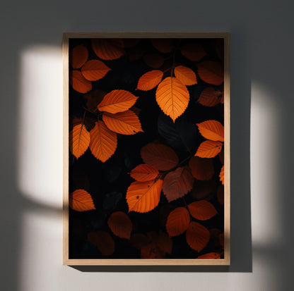 Vibrant autumn leaves poster with rich orange foliage on dark background, vertical wall art.
