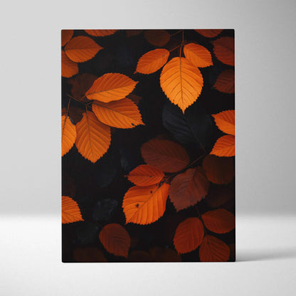Vertical canvas wall art featuring vibrant orange autumn leaves against a dark background.
