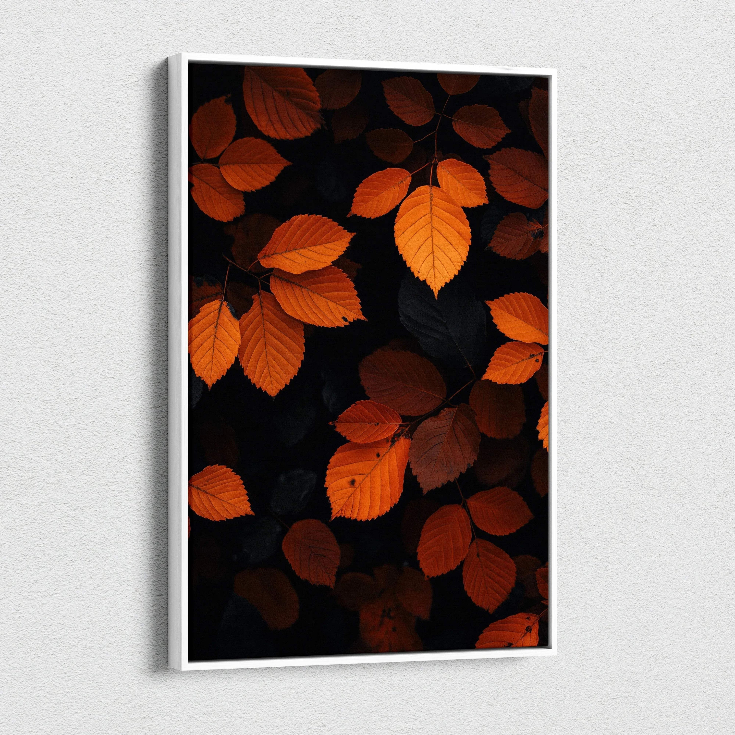 Vertical canvas wall art featuring vibrant orange autumn leaves against a dark background.