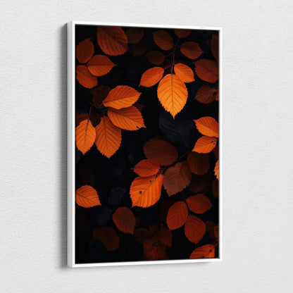 Vertical canvas wall art featuring vibrant orange autumn leaves against a dark background.