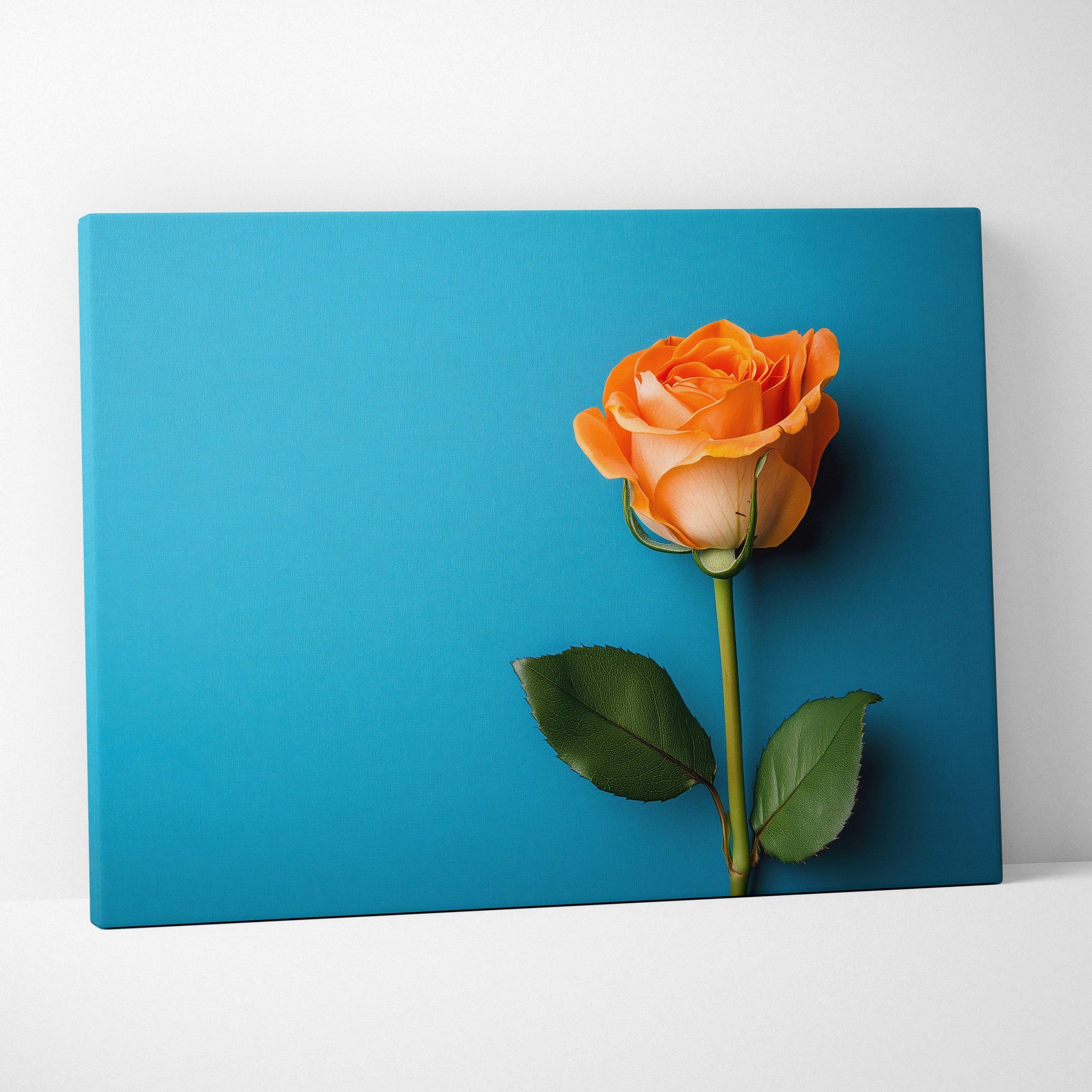 Orange rose against turquoise background floral canvas wall art print.