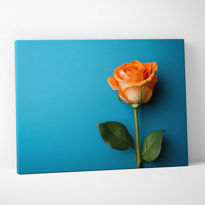 Orange rose against turquoise background floral canvas wall art print.