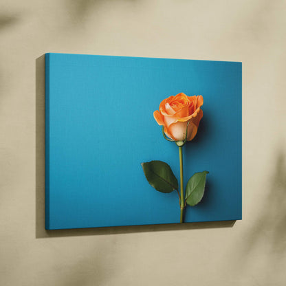 Orange rose on vibrant blue background floral canvas wall art print.