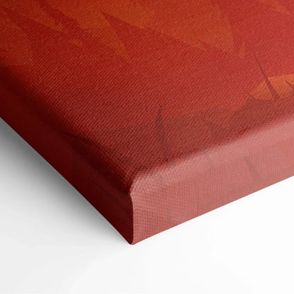Textured deep red canvas print of stylized glowing sun over mountains in amber orange tones
