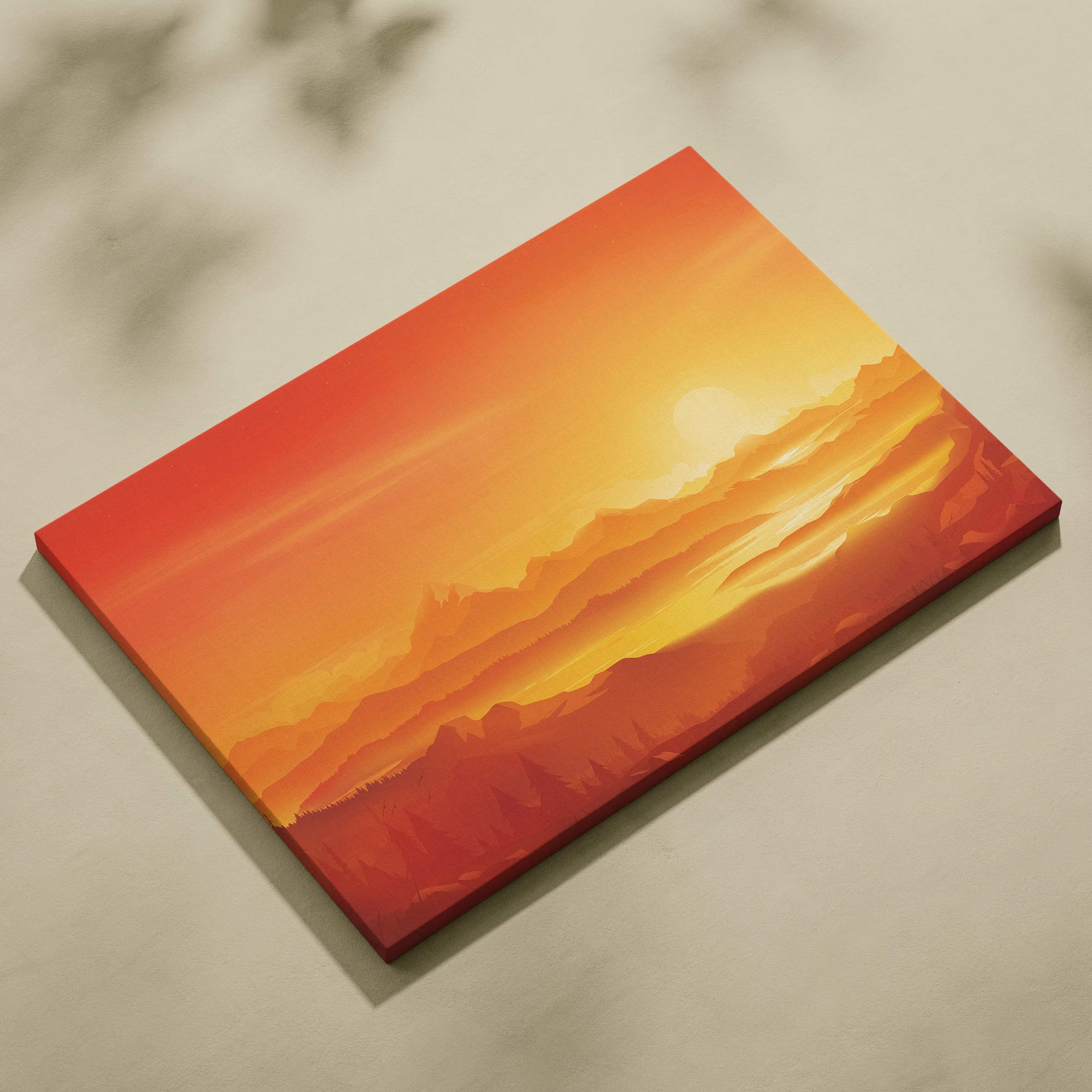 Stylized glowing sunset over mountains and misty valleys canvas art