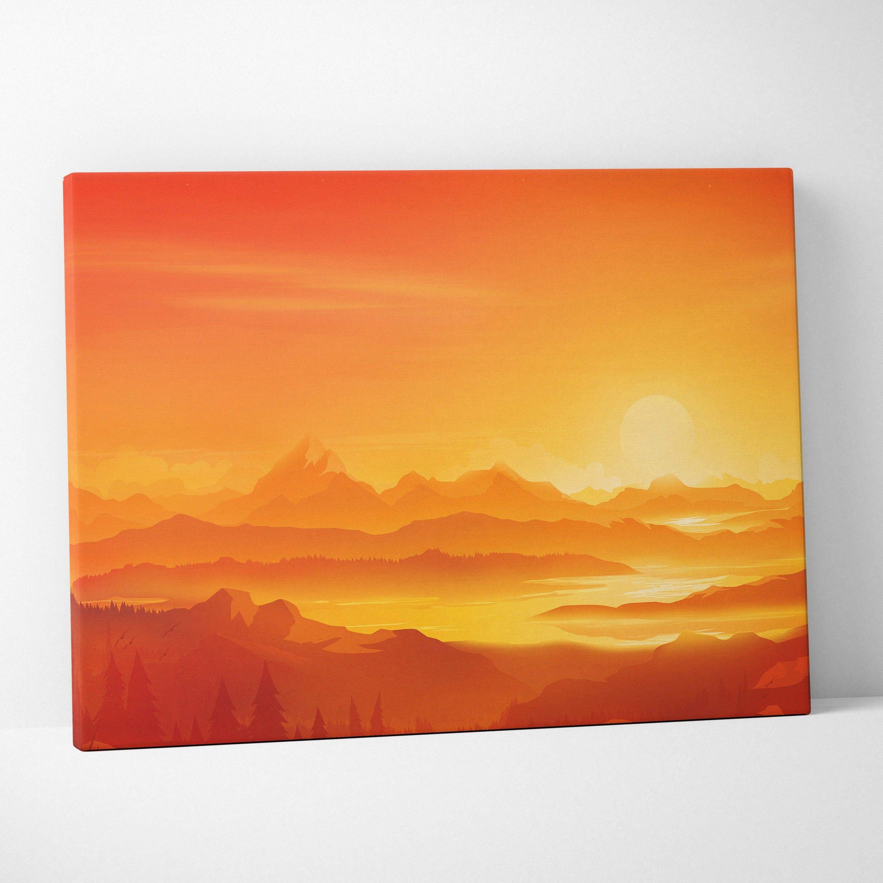Stylized orange sunset over mountains and misty valleys canvas print