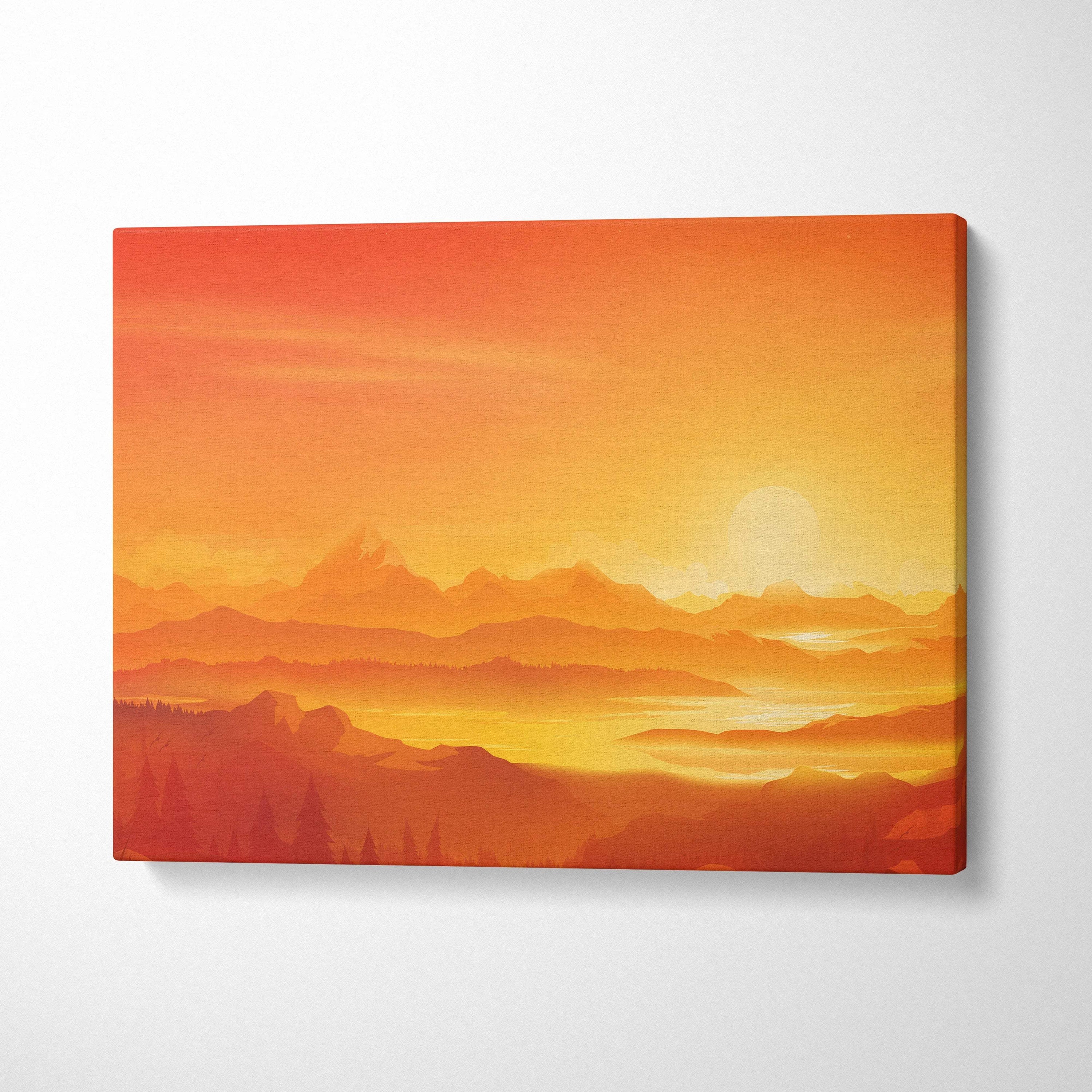 Stylized glowing sunset over mountains in orange yellow tones canvas print