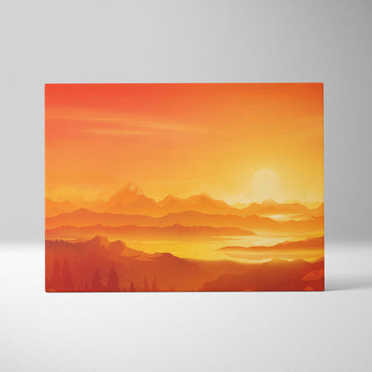 Stylized orange sunset over mountains and misty valleys canvas print