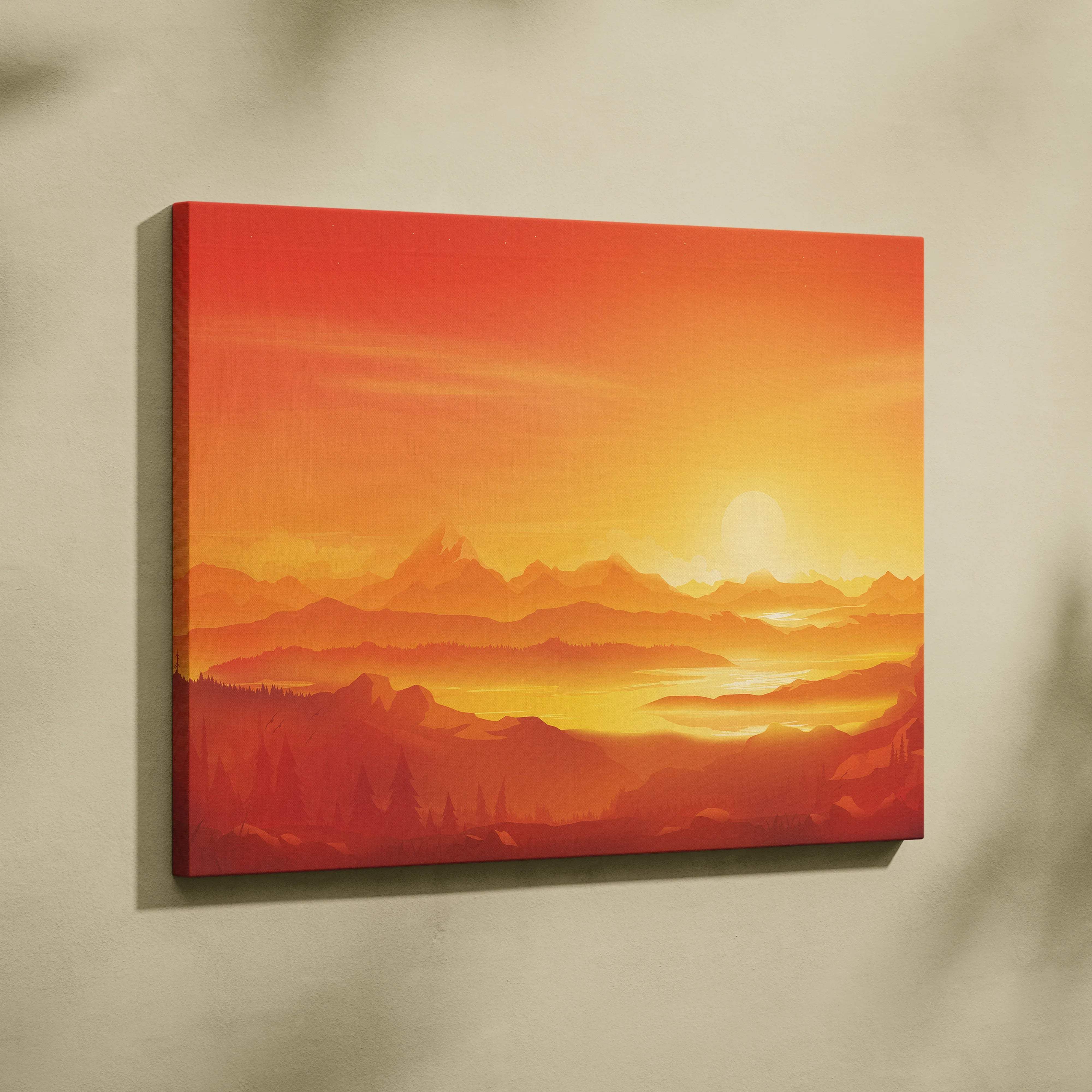 Vibrant orange red sunset canvas print with glowing mountains and misty valleys