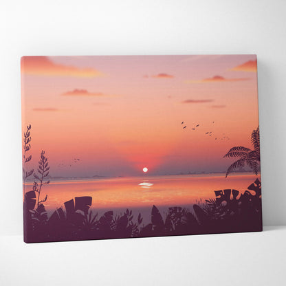 Stylized tropical sunset canvas wall art with glowing sun over calm sea, silhouetted palms and birds in peach coral tones