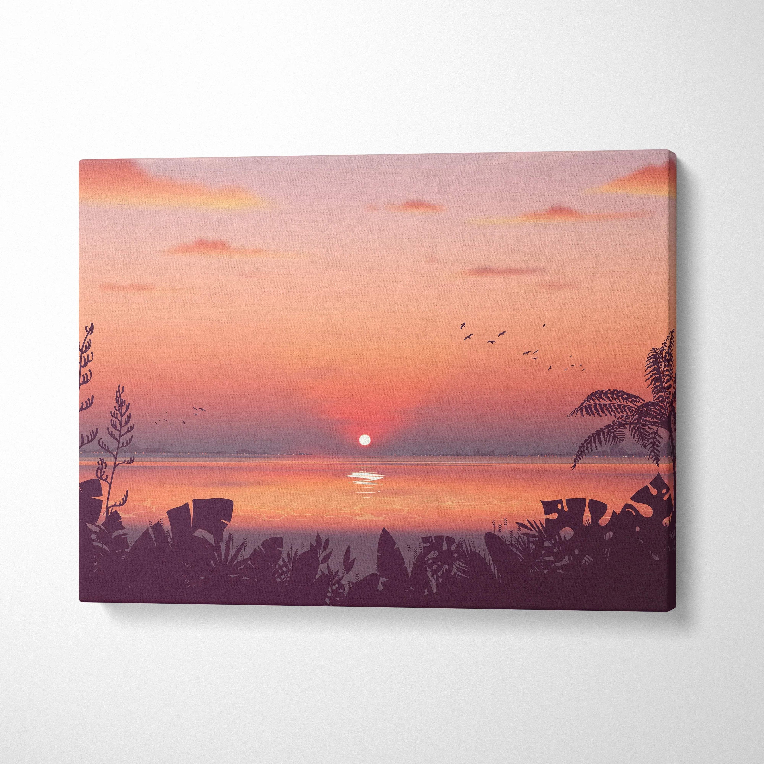 Stylized tropical sunset canvas art with glowing sun over calm sea, silhouetted palms and birds in peach coral tones