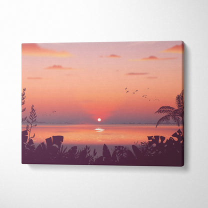 Stylized tropical sunset canvas art with glowing sun over calm sea, silhouetted palms and birds in peach coral tones