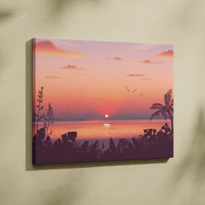 Stylized tropical sunset canvas art with glowing sun over calm sea, silhouetted palms and birds in peach coral tones