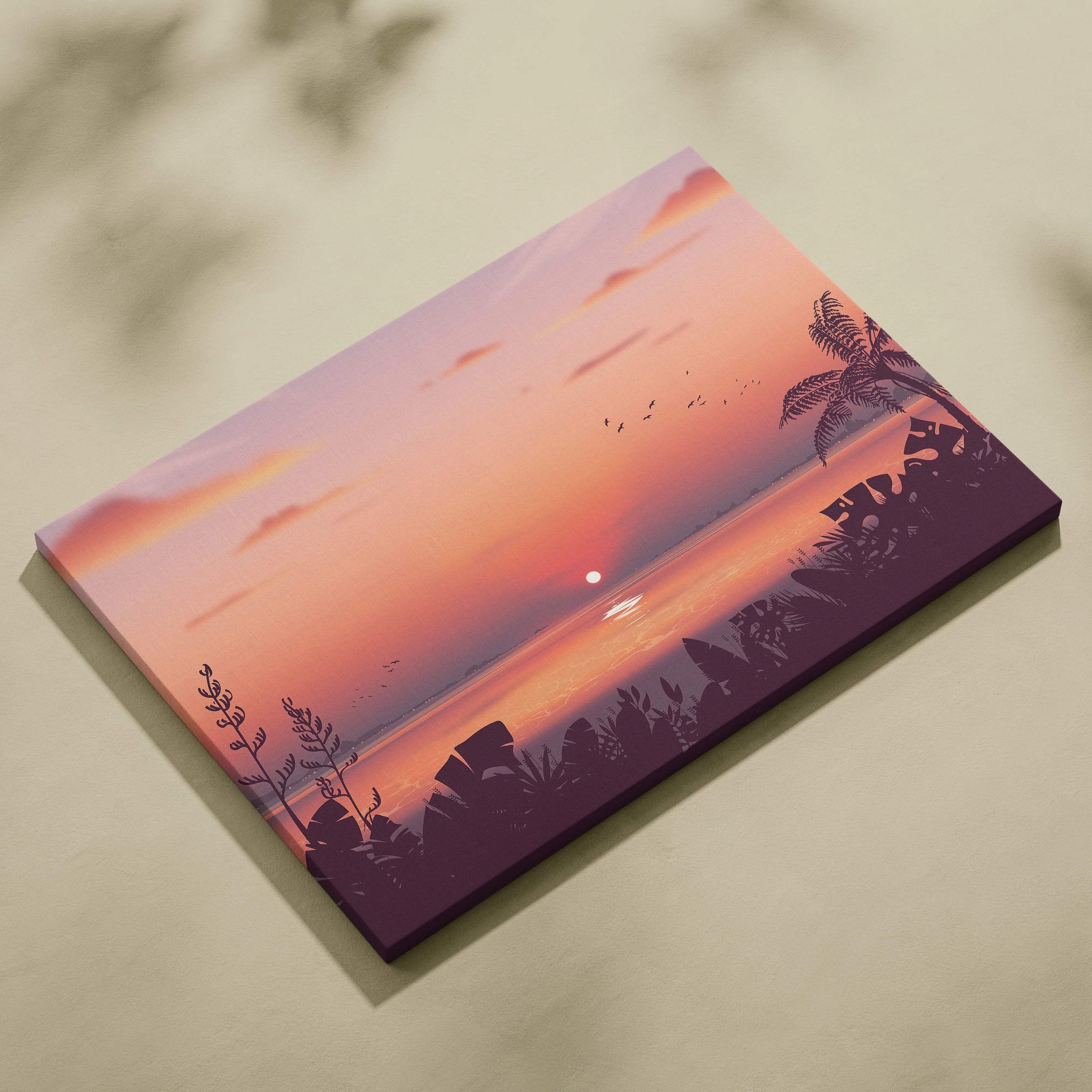 Stylized tropical sunset canvas art with glowing sun, palms, birds, sea in peach coral tones