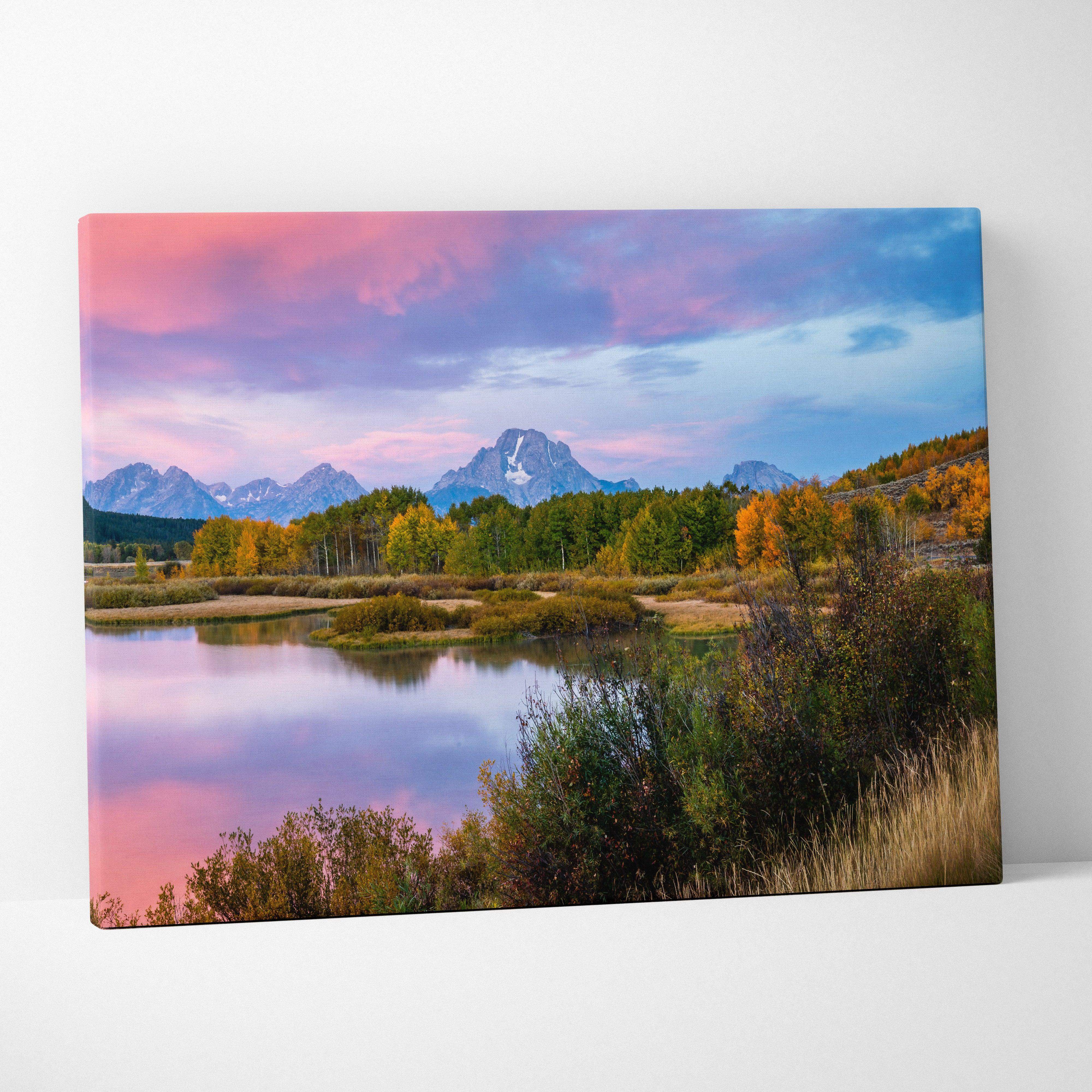 Rectangular canvas wall art featuring a serene mountain sunset landscape with vibrant pink and purple skies over autumn trees