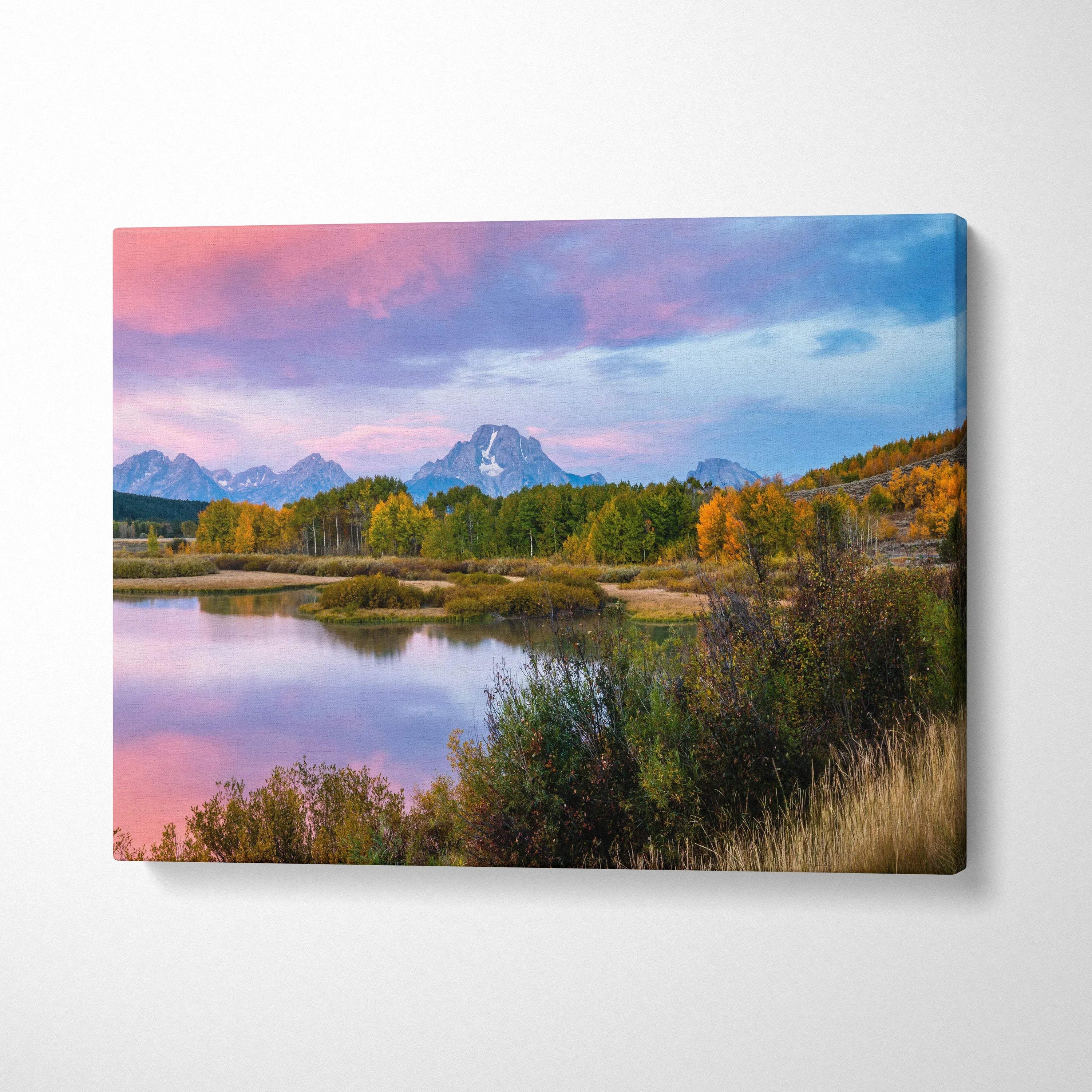 Canvas wall art featuring a serene mountain sunset with reflective lake and autumn foliage.