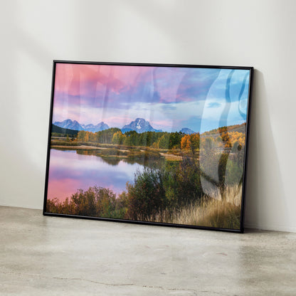 Mountain sunset poster wall art with vibrant pink and blue sky reflecting on calm lake.