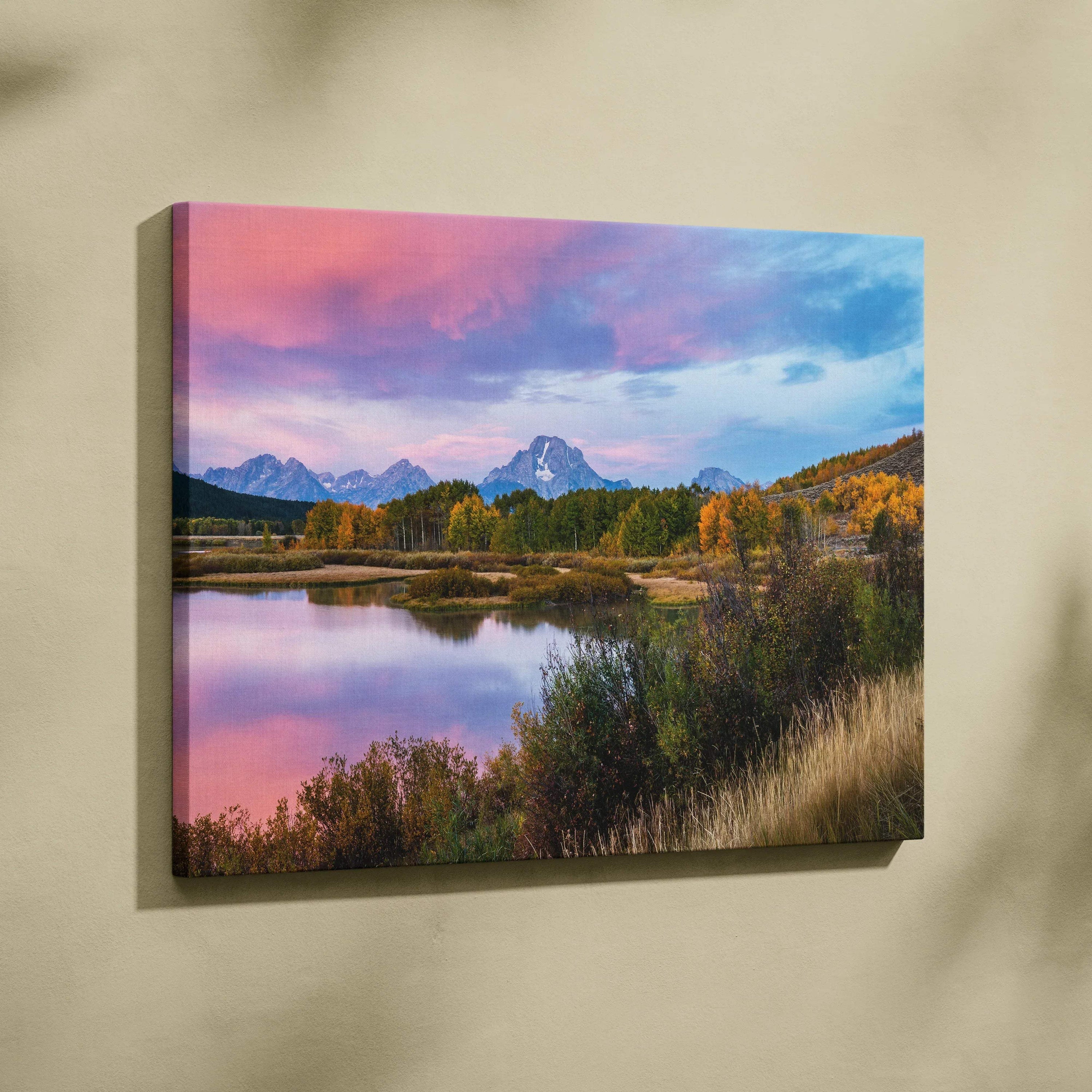 Canvas wall art featuring a vibrant mountain sunset with reflective lake and autumn foliage.