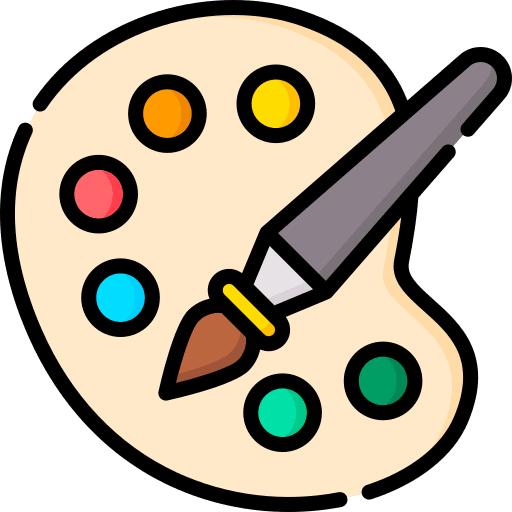 Cream-colored painter’s palette with a gray paintbrush resting on it, featuring six circular color wells holding orange, yellow, pink, blue, green, and teal paints.