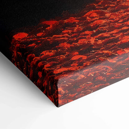 Close-up of vibrant red and orange autumn leaves on textured canvas wall art edge.