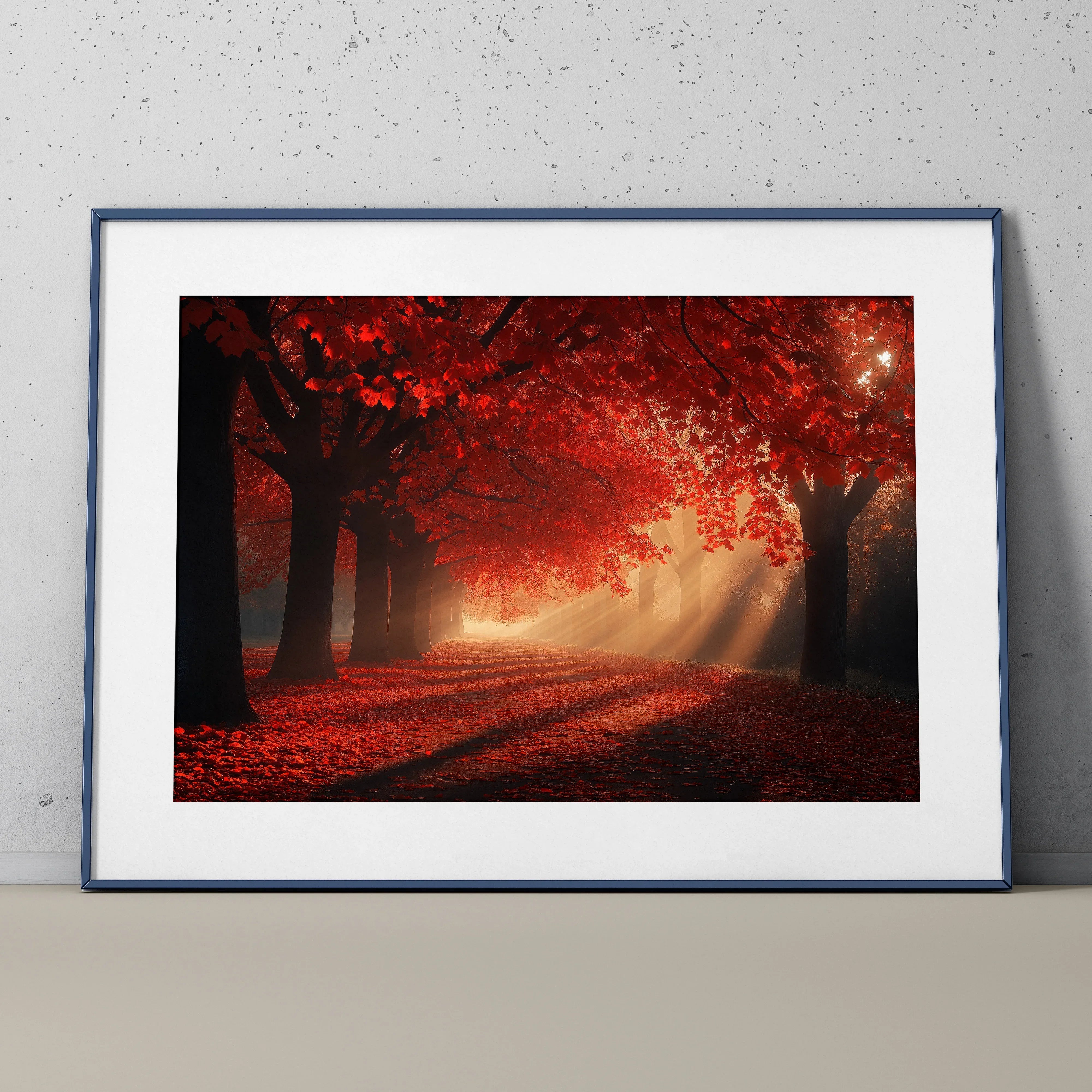 Vibrant autumn forest digital art poster with red leaves and sunlight rays, wall art in black frame.