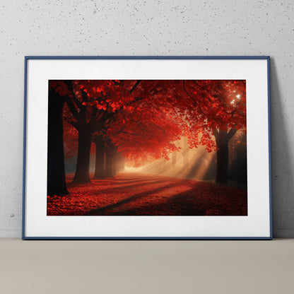 Vibrant autumn forest digital art poster with red leaves and sunlight rays, wall art in black frame.