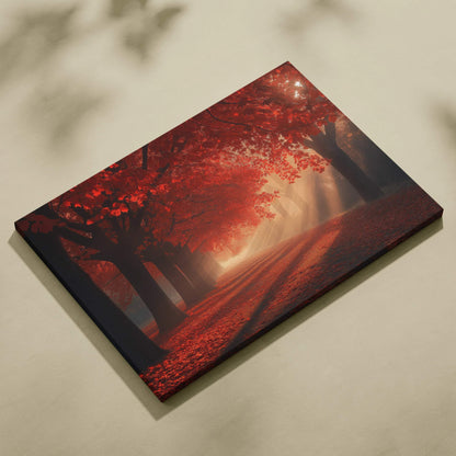 Canvas wall art featuring a serene autumn landscape with vibrant red foliage and soft sunlight filtering through trees.