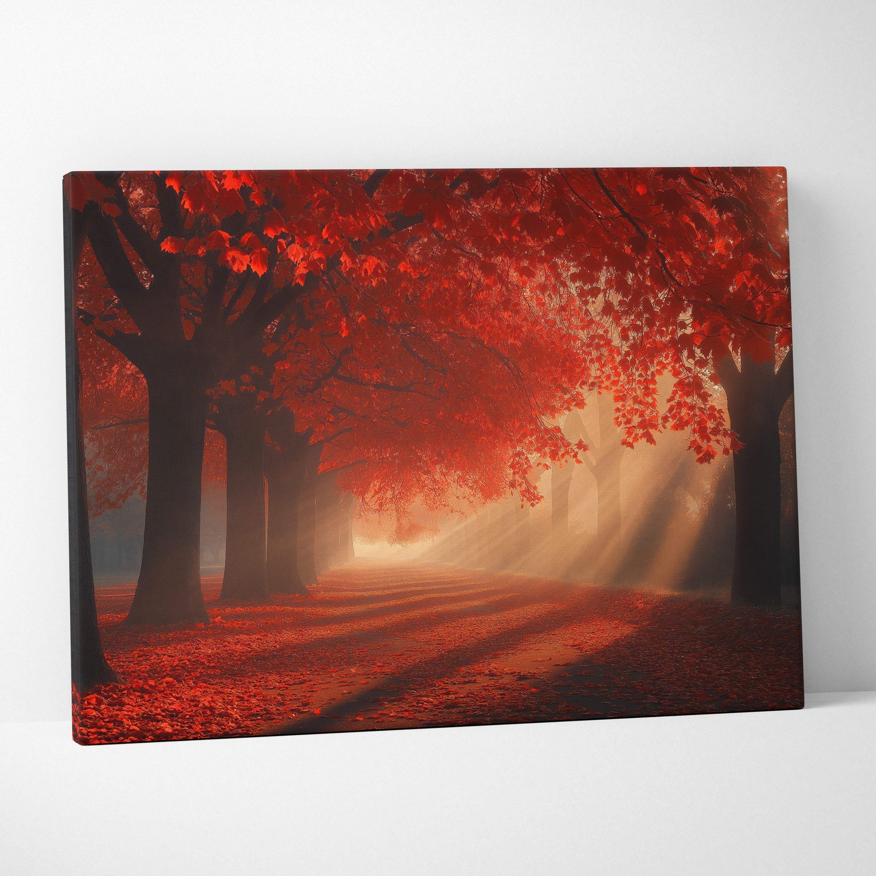 Canvas wall art depicting a serene autumn landscape with vibrant red foliage and sun rays filtering through trees.