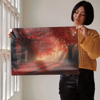 Vibrant autumn forest digital art poster with red foliage and misty path, wall art for nature lovers.