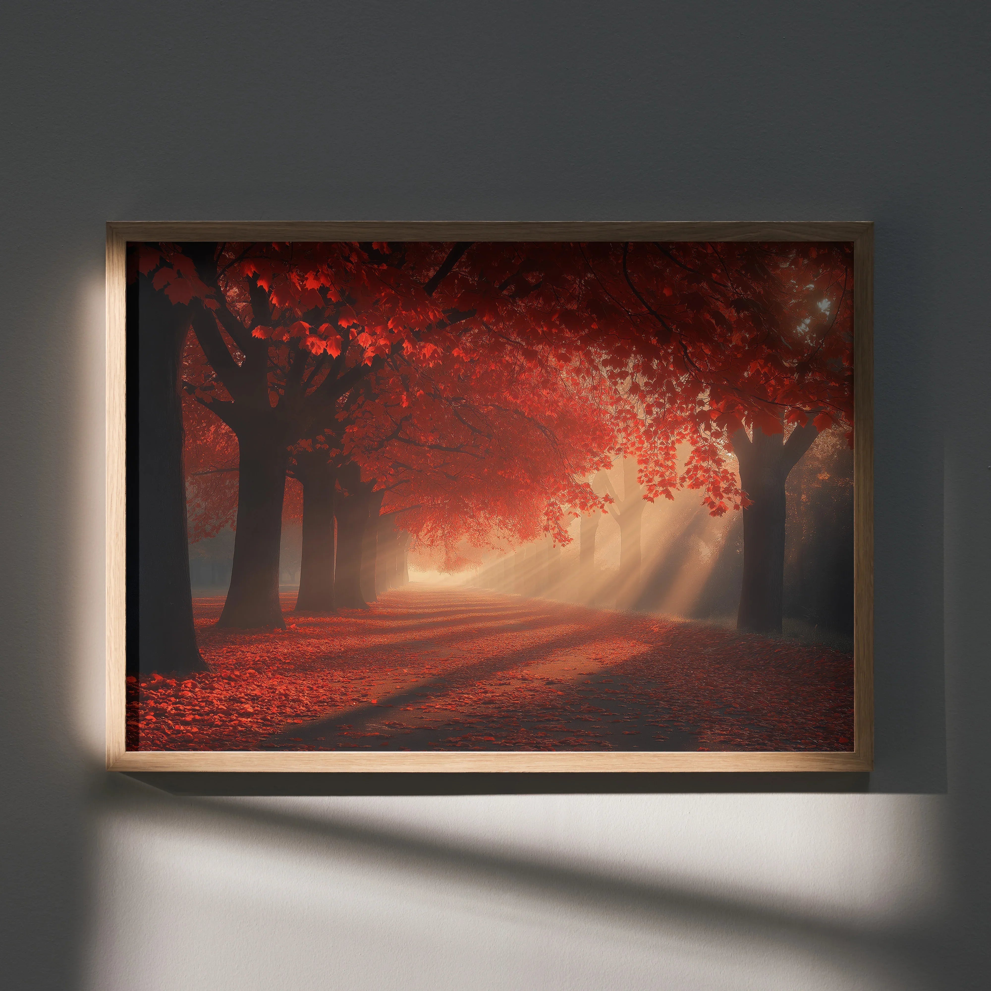 Vibrant autumn forest digital art poster with glowing red leaves and sun rays through trees wall art.
