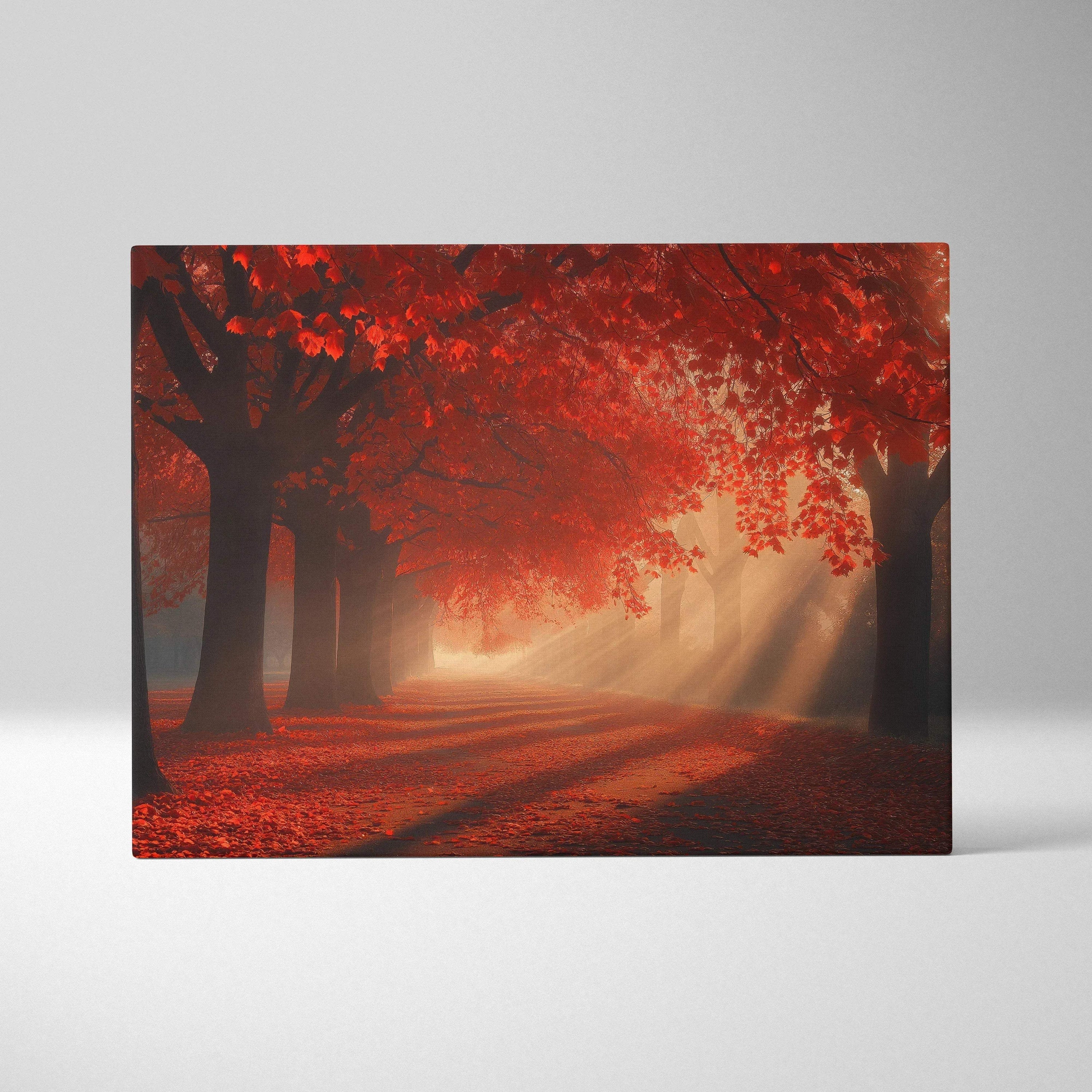 Serene autumn forest landscape with red leaves and sunlight rays, canvas wall art.