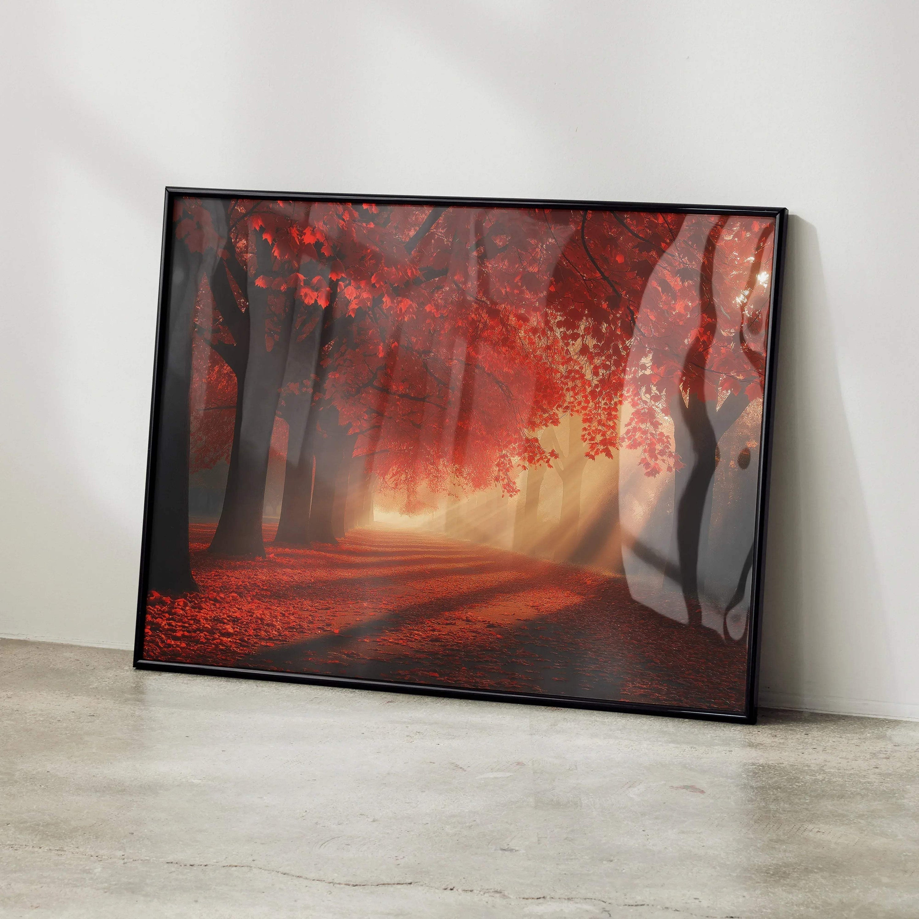 Vibrant autumn forest digital art poster with red leaves and sunlight rays wall art.