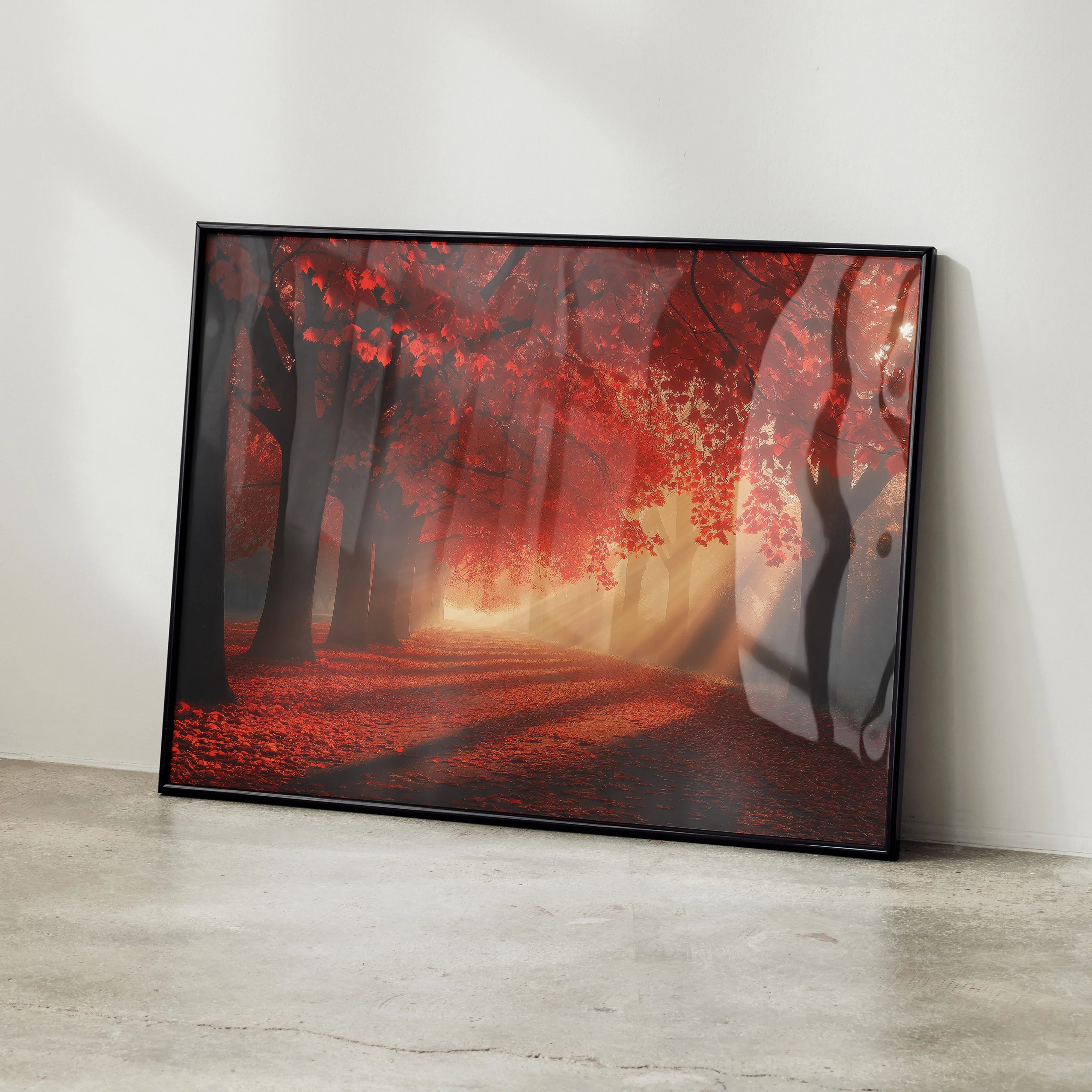 Vibrant autumn forest digital art poster with red leaves and sunlight rays wall art.
