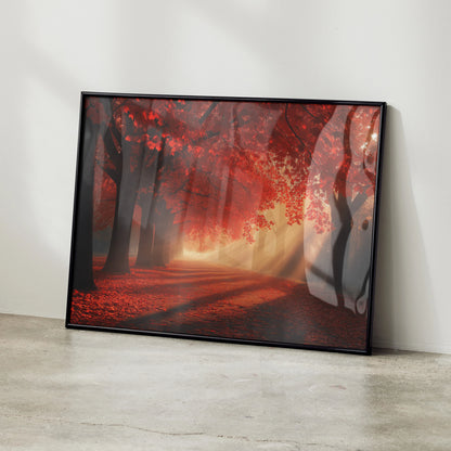 Vibrant autumn forest digital art poster with red leaves and sunlight rays wall art.