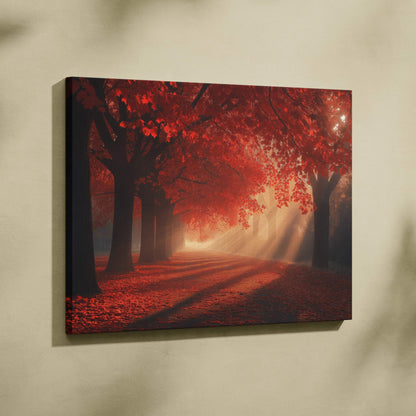 Canvas wall art featuring a serene autumn landscape with vibrant red foliage and soft sunlight rays.