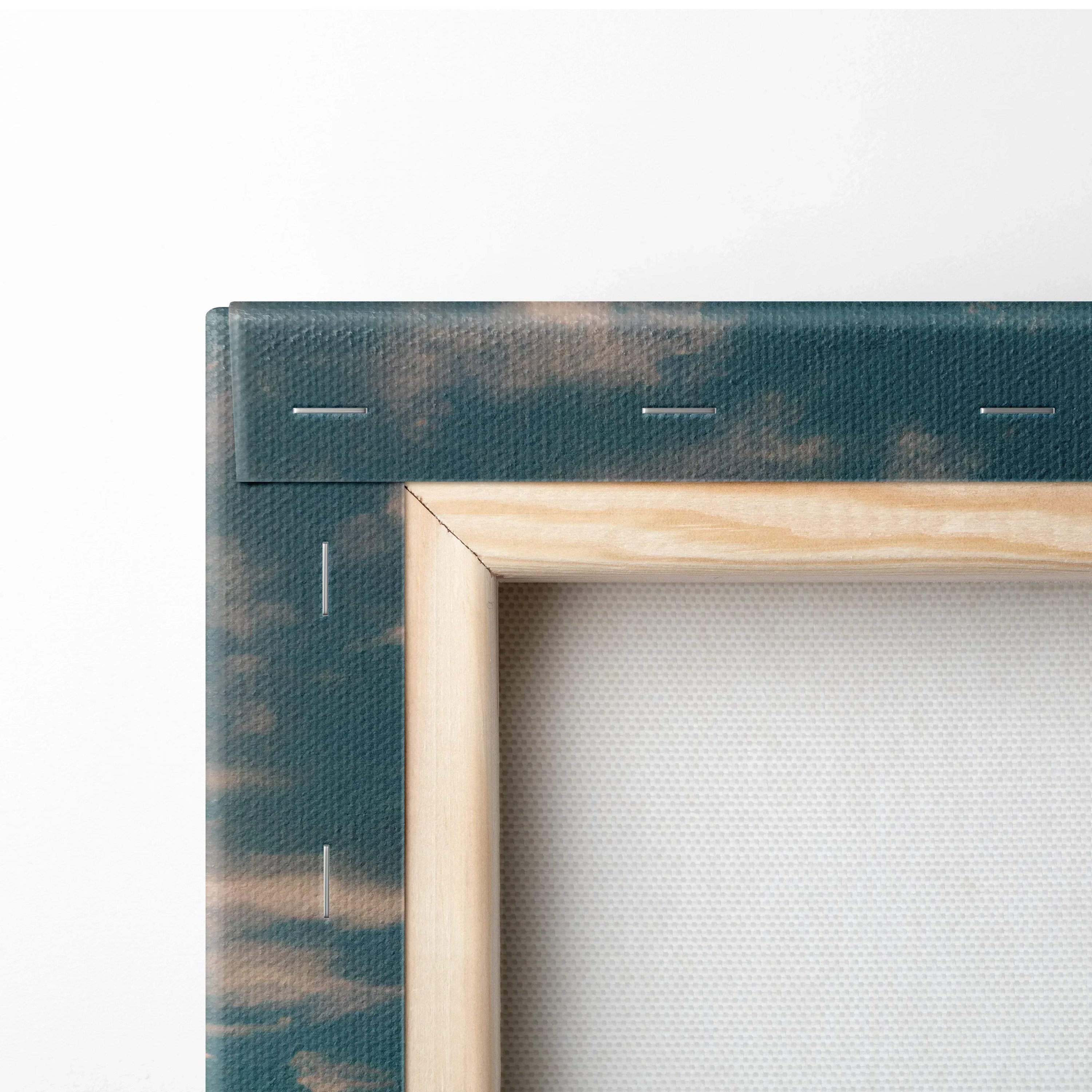 Close-up of canvas wall art corner with wooden stretcher frame and dark printed edges.
