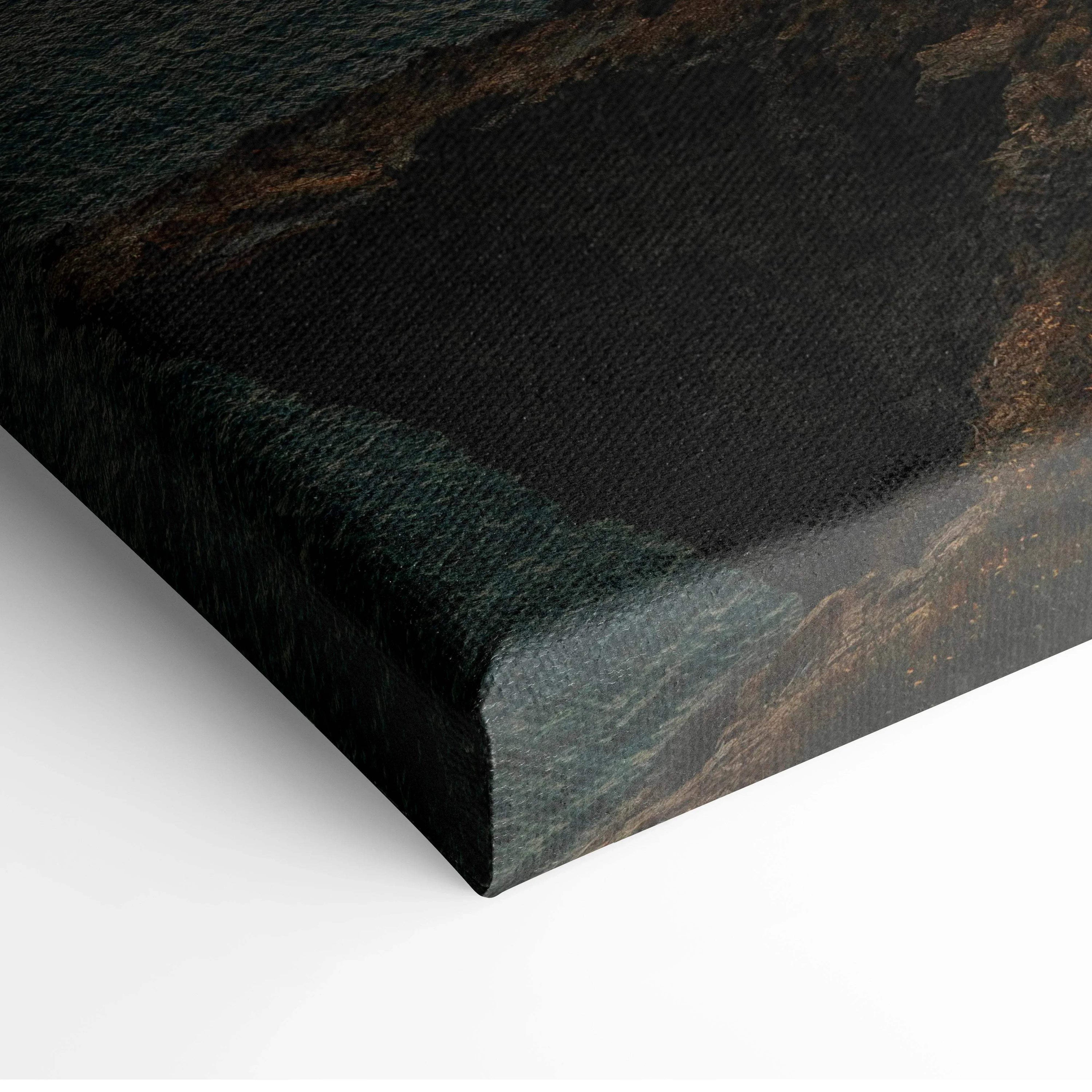 Close-up of canvas wall art corner showing textured ocean sunset nature scene.
