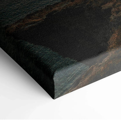 Close-up of canvas wall art corner showing textured ocean sunset nature scene.