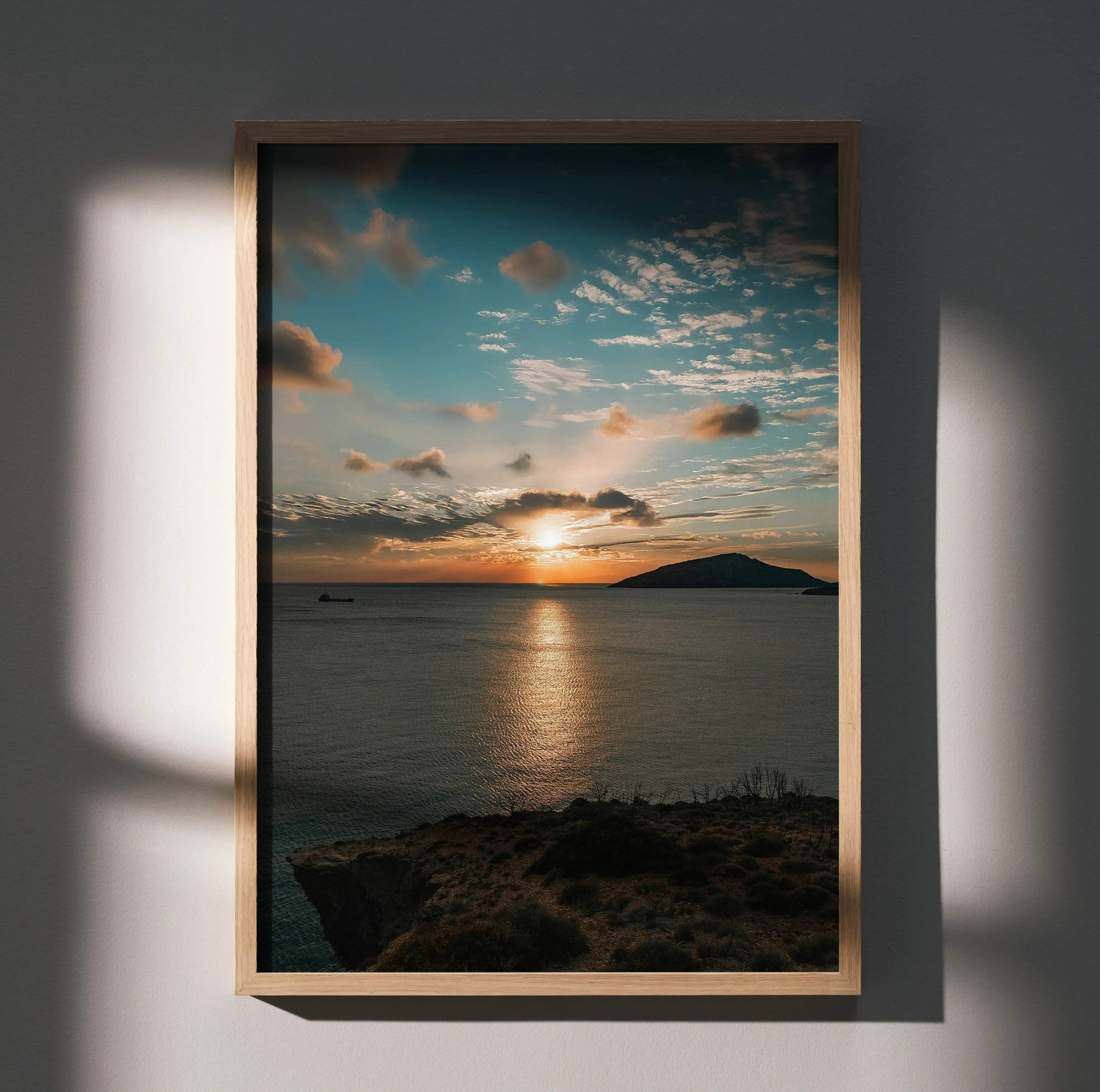 Vertical poster of vibrant ocean sunset with clouds over calm water, framed wall art.