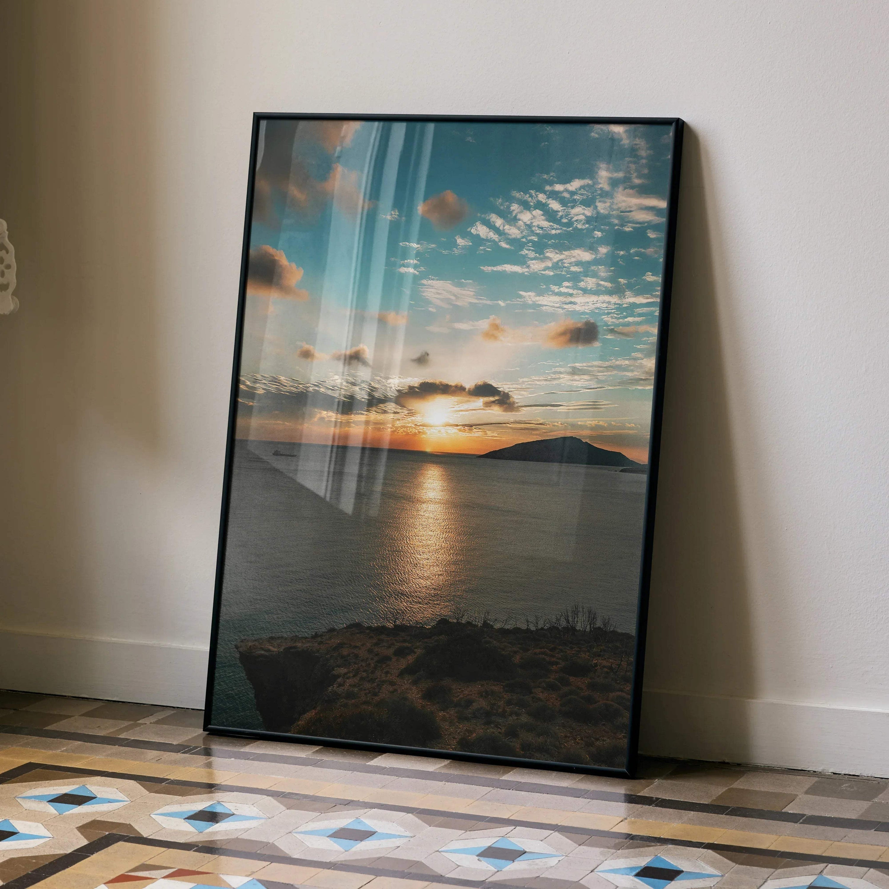 Vibrant ocean sunset poster with colorful sky and reflective water, vertical wall art.