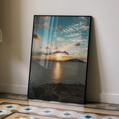 Vibrant ocean sunset poster with colorful sky and reflective water, vertical wall art.