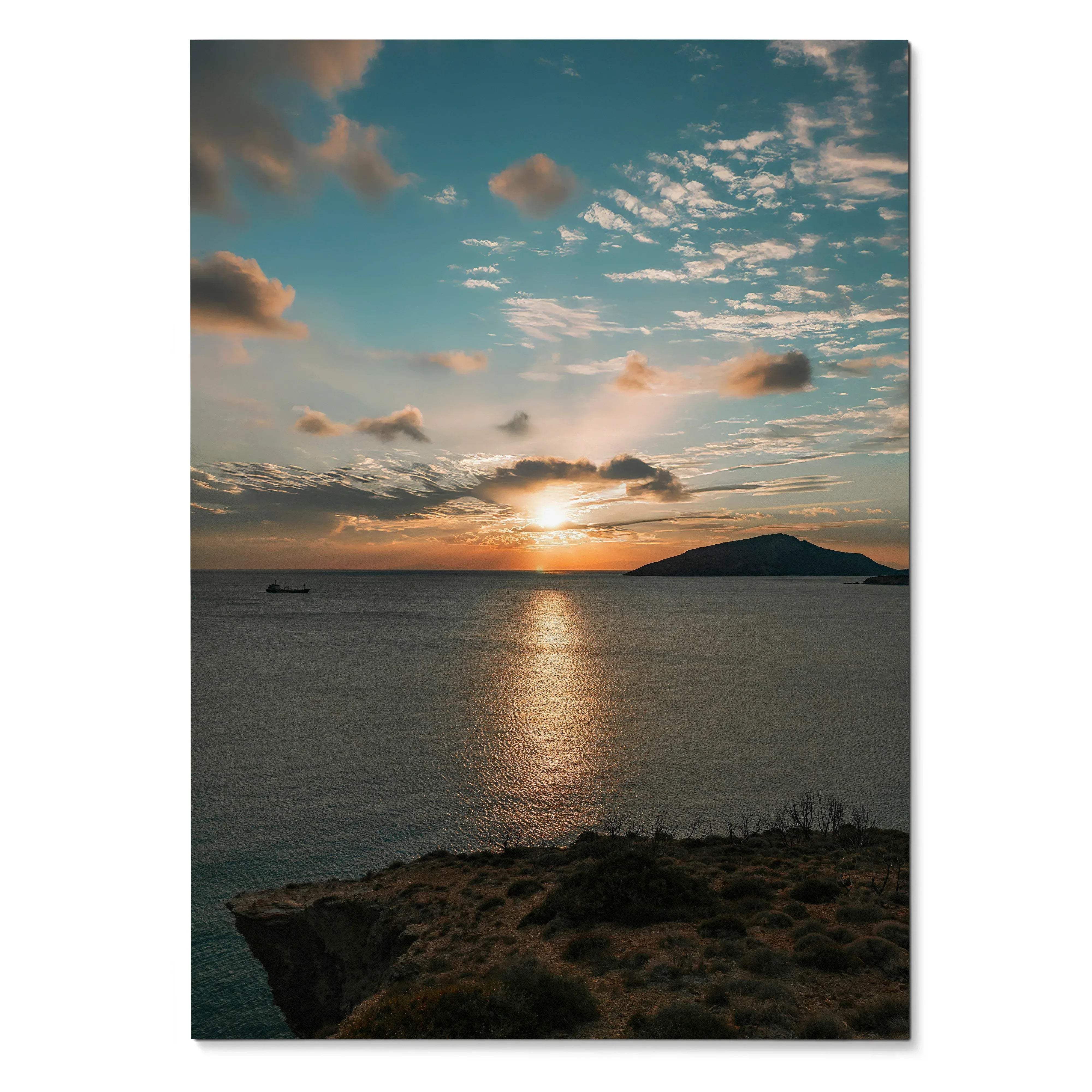 Vibrant ocean sunset poster with golden sun, reflective water, and silhouetted land for wall art.