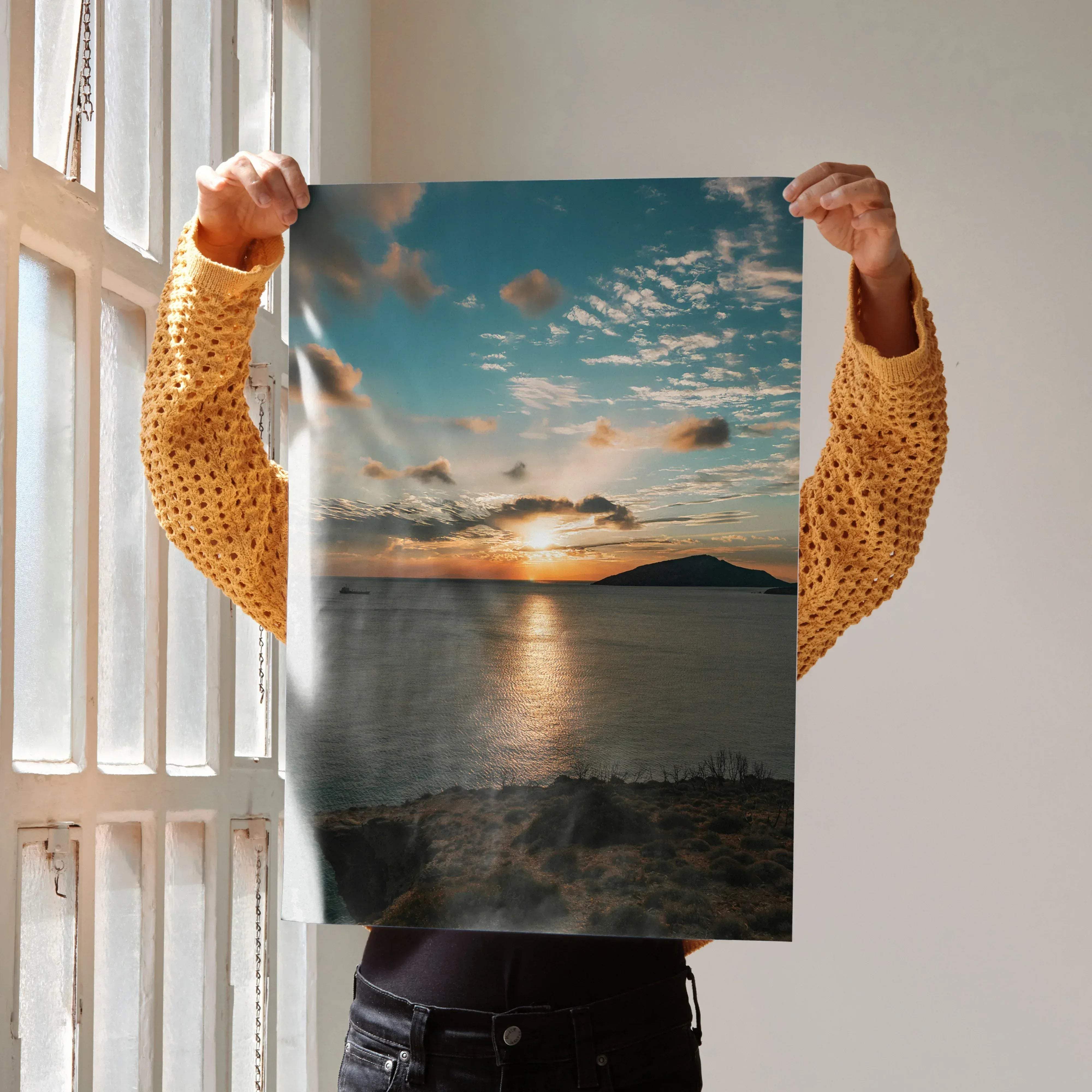 Vibrant ocean sunset art print poster featuring a rectangular serene sunset over water with warm golden and cool blue tones