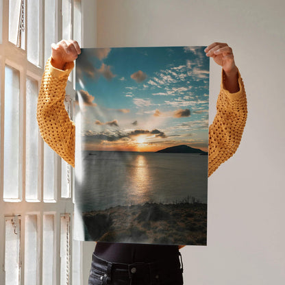 Vibrant ocean sunset poster with colorful sky and reflective water, vertical wall art print.