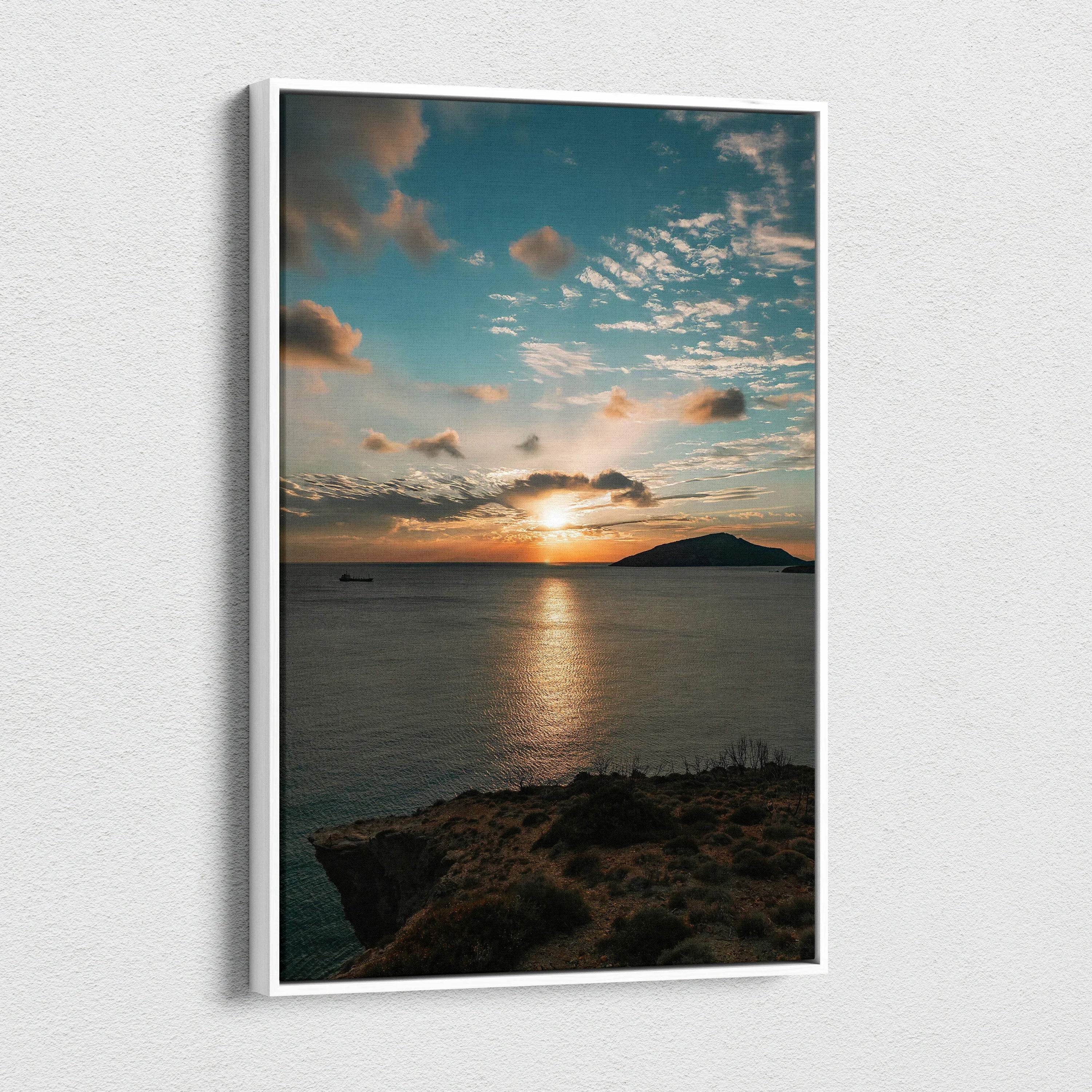 Vertical canvas wall art featuring a vibrant ocean sunset with dramatic clouds over calm waters.