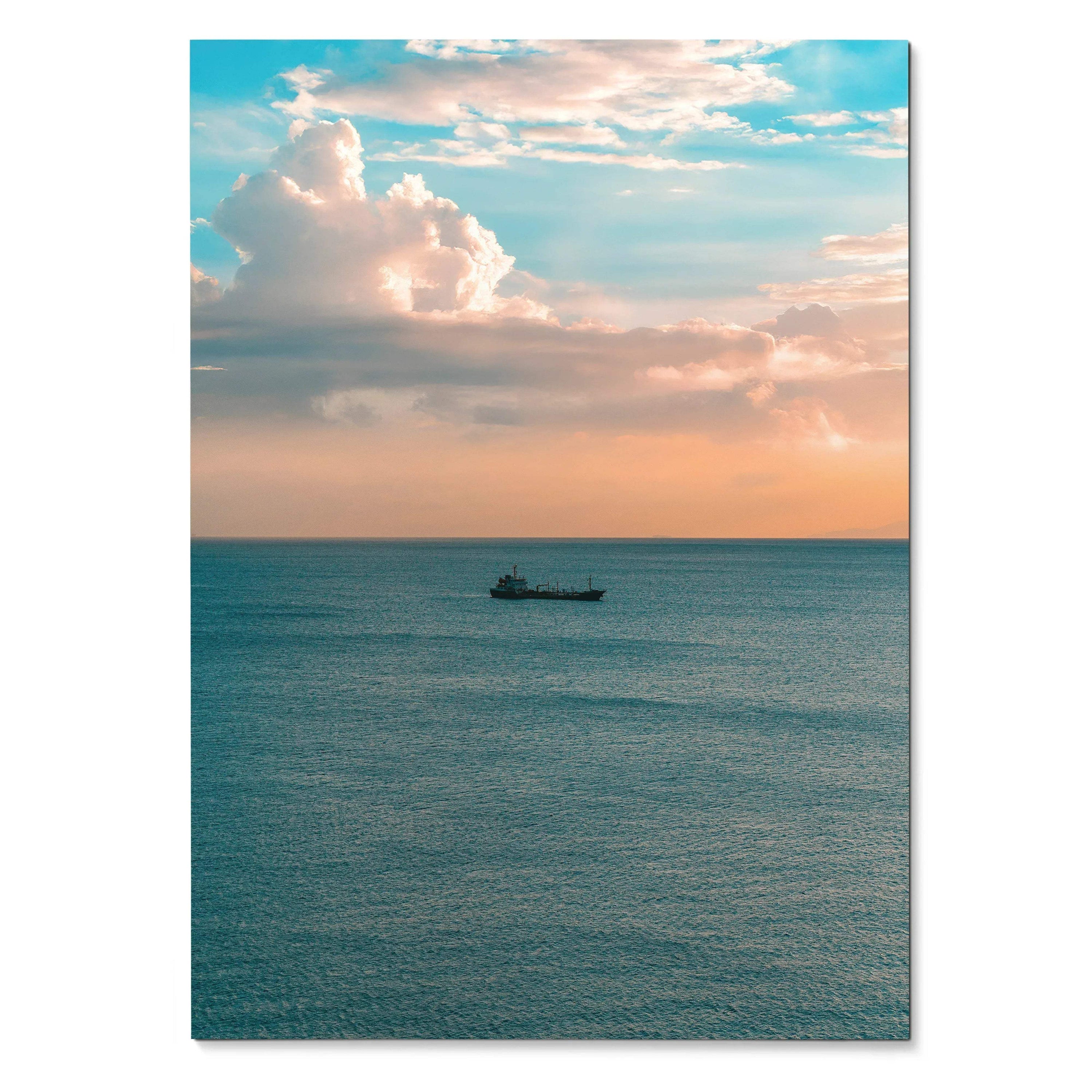 Ocean sunset poster with a boat on calm water under blue and orange sky wall art.