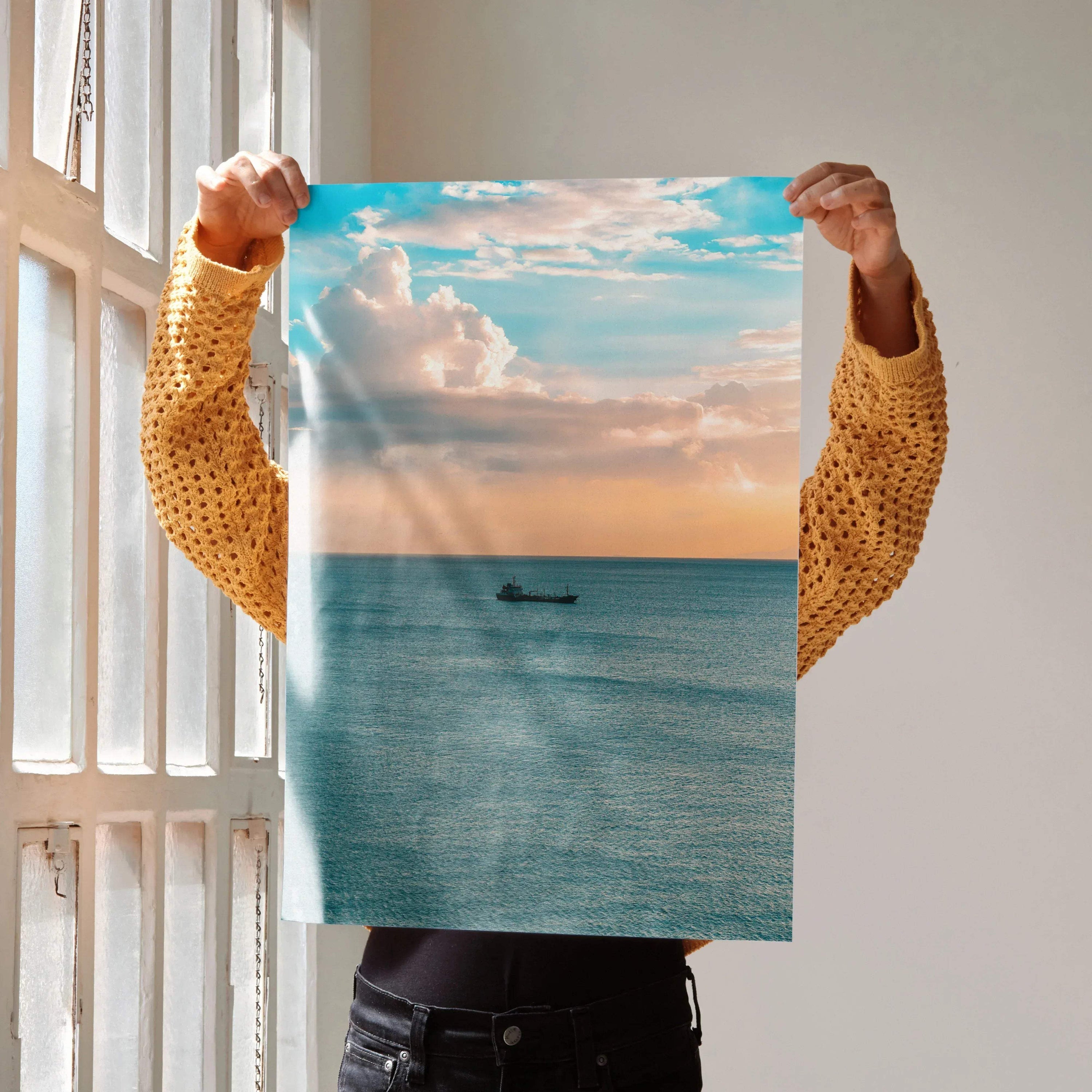 Vertical ocean sunset poster with soft orange sky and calm blue sea wall art.