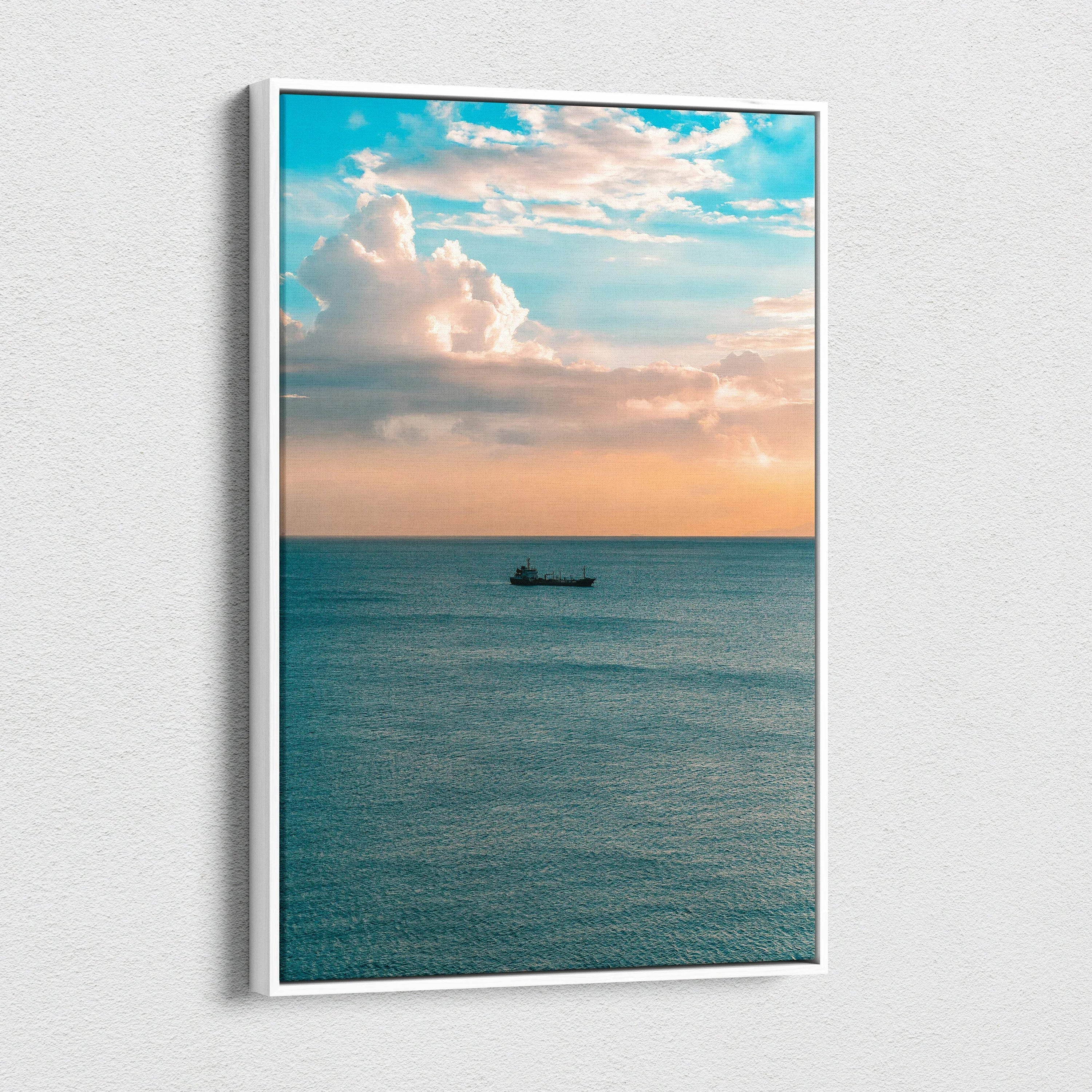 Vertical canvas wall art of calm ocean with boat under a pastel sunset sky.