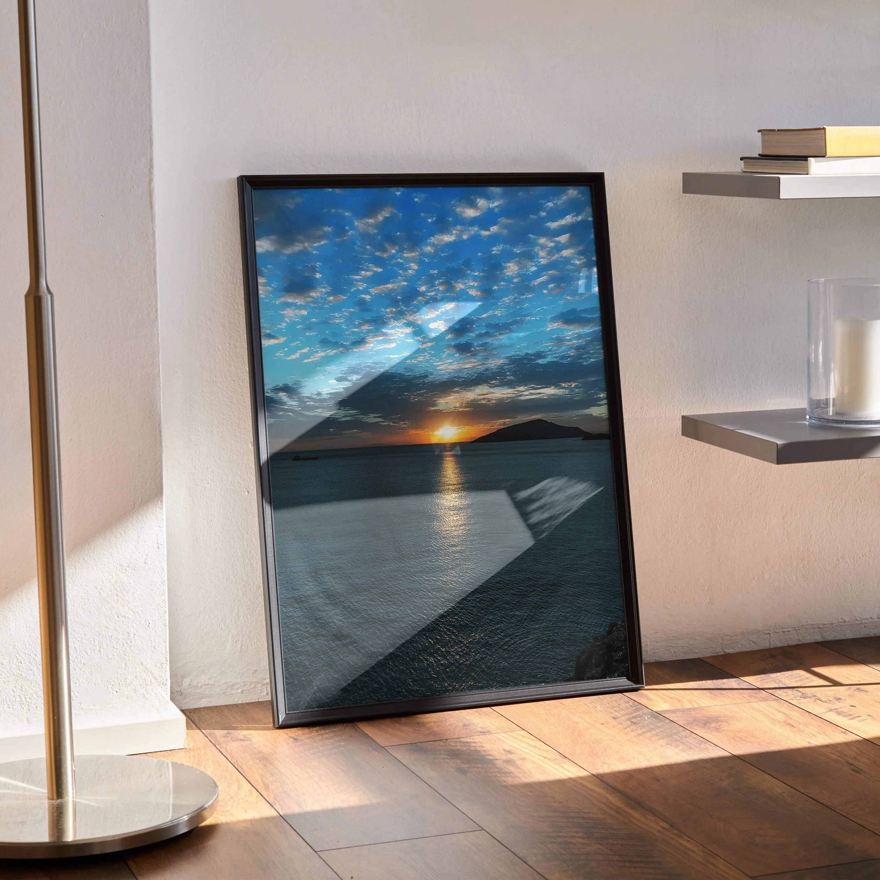 Vertical ocean sunset poster with vibrant sky and calm water, framed wall art.